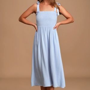 Lulu’s Looking Up Light Blue Smocked Tie-Strap Midi Dress